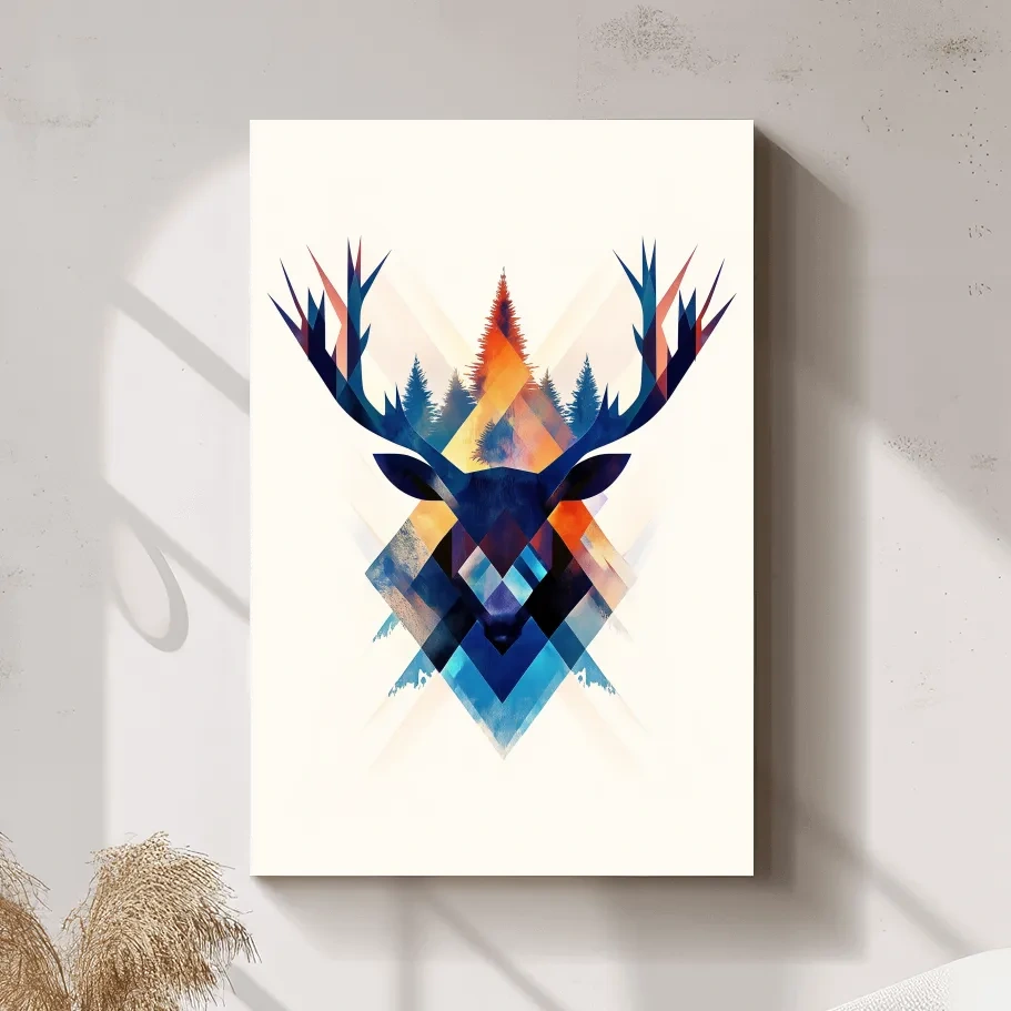 Geometric deer head wall art, colorful abstract tribal style artwork
