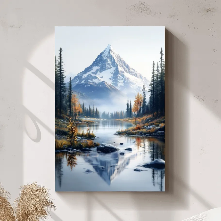 Lake beneath a glacier in the alpine meadows in fall, mountain wall art