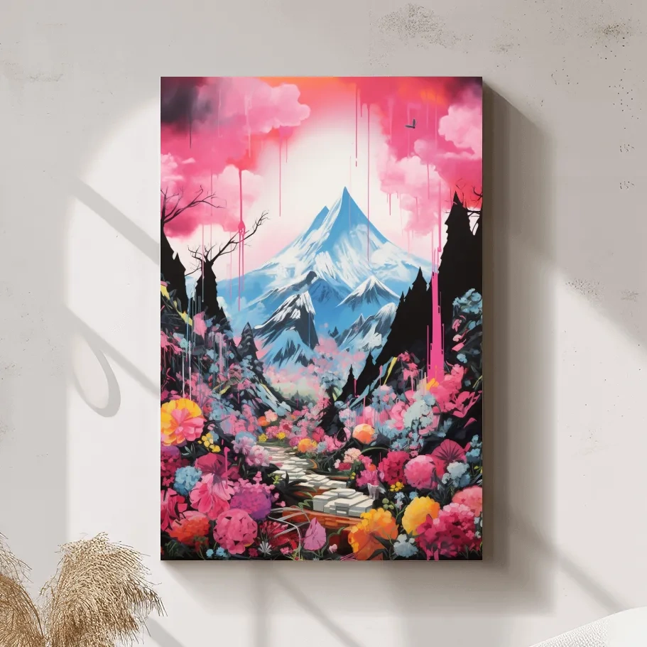 Energetic illustration of pink alpine flowers by a glacier