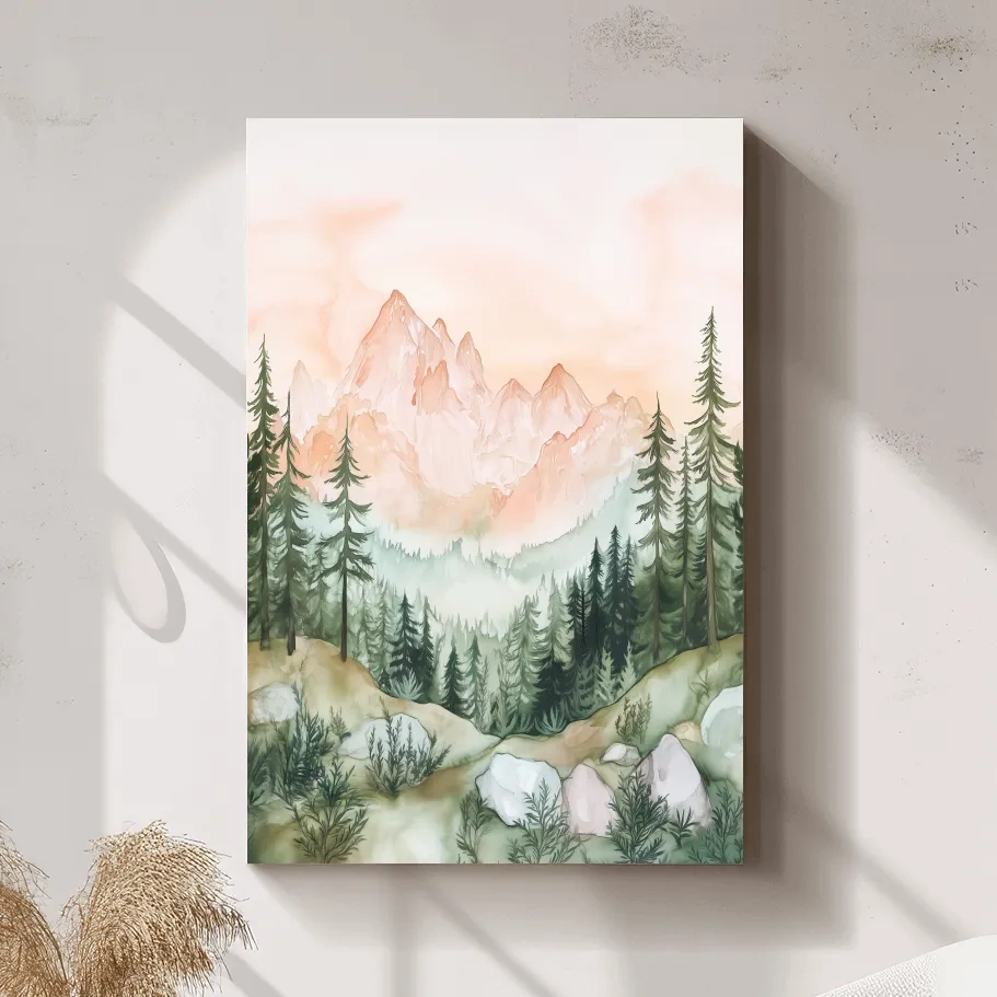Pastel Watercolor Mountain Peaks & Pine Forest - Serene Alpine Landscape Artwork
