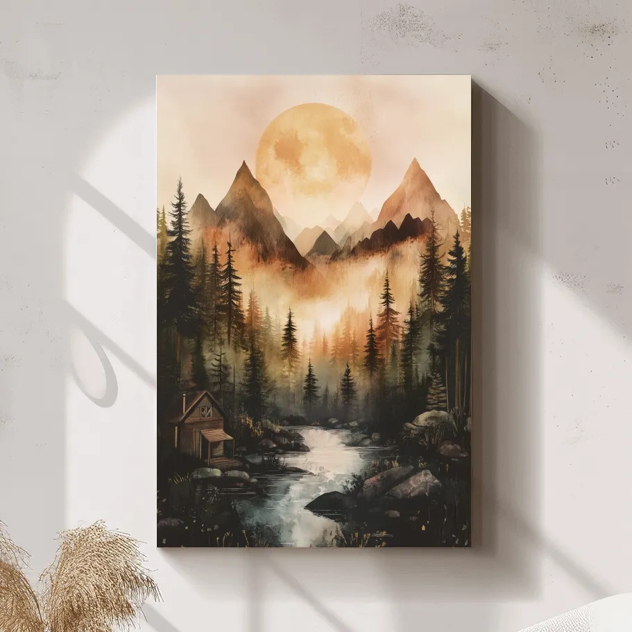 Alpine lake cabin painting, rustic watercolor effect, forest and mountains