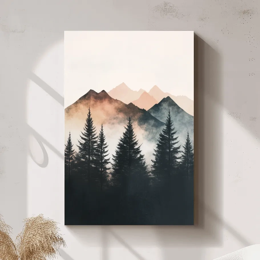 Foggy alpine forest watercolor painting, mountain art