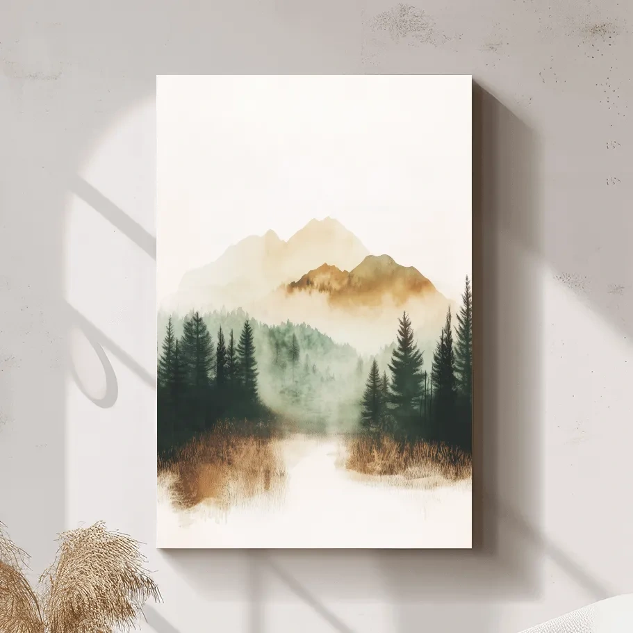 Misty Watercolor Mountain Lake & Pine Forest - Serene Nature Landscape Wall Art