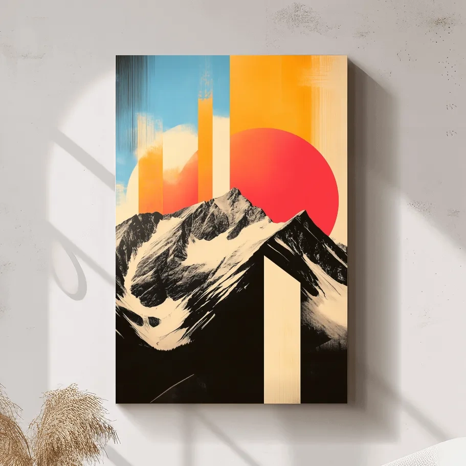 Modern abstract alpine mountain art, bold retro style geometric shapes