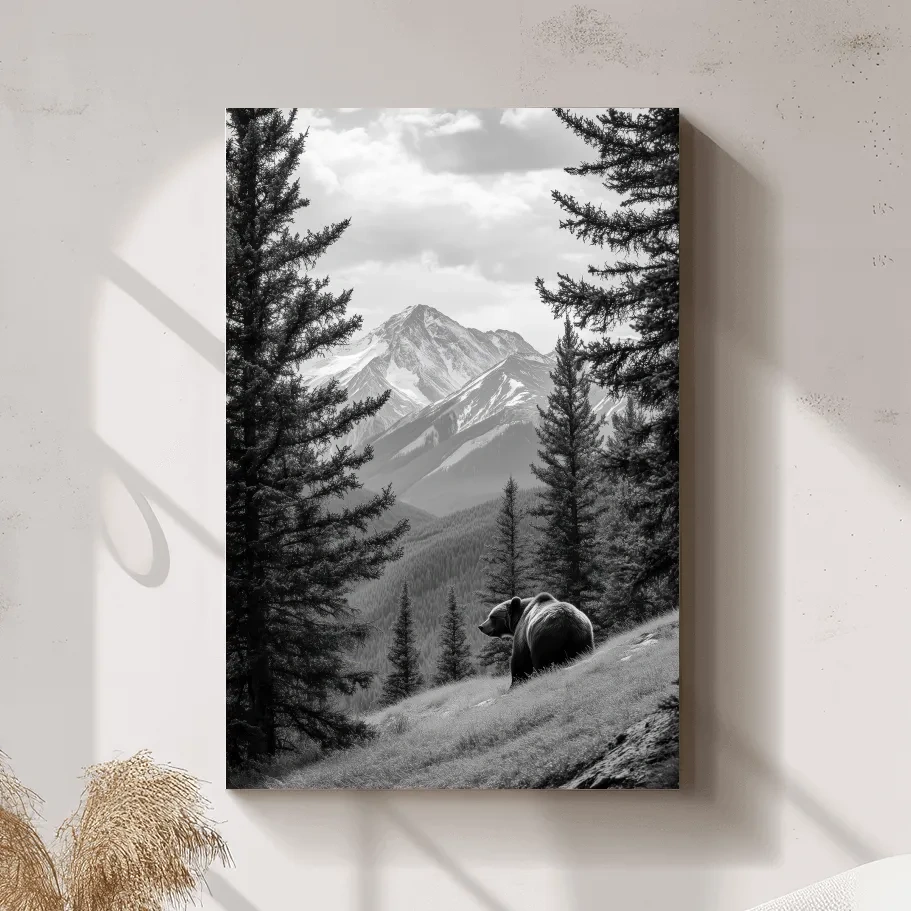 Black And White Grizzly Bear Alpine Meadow - Wilderness Nature Photography Wall Art
