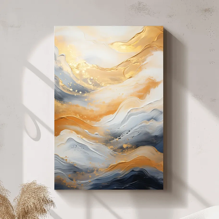 Golden abstract mountain wall artwork, swirling style painting