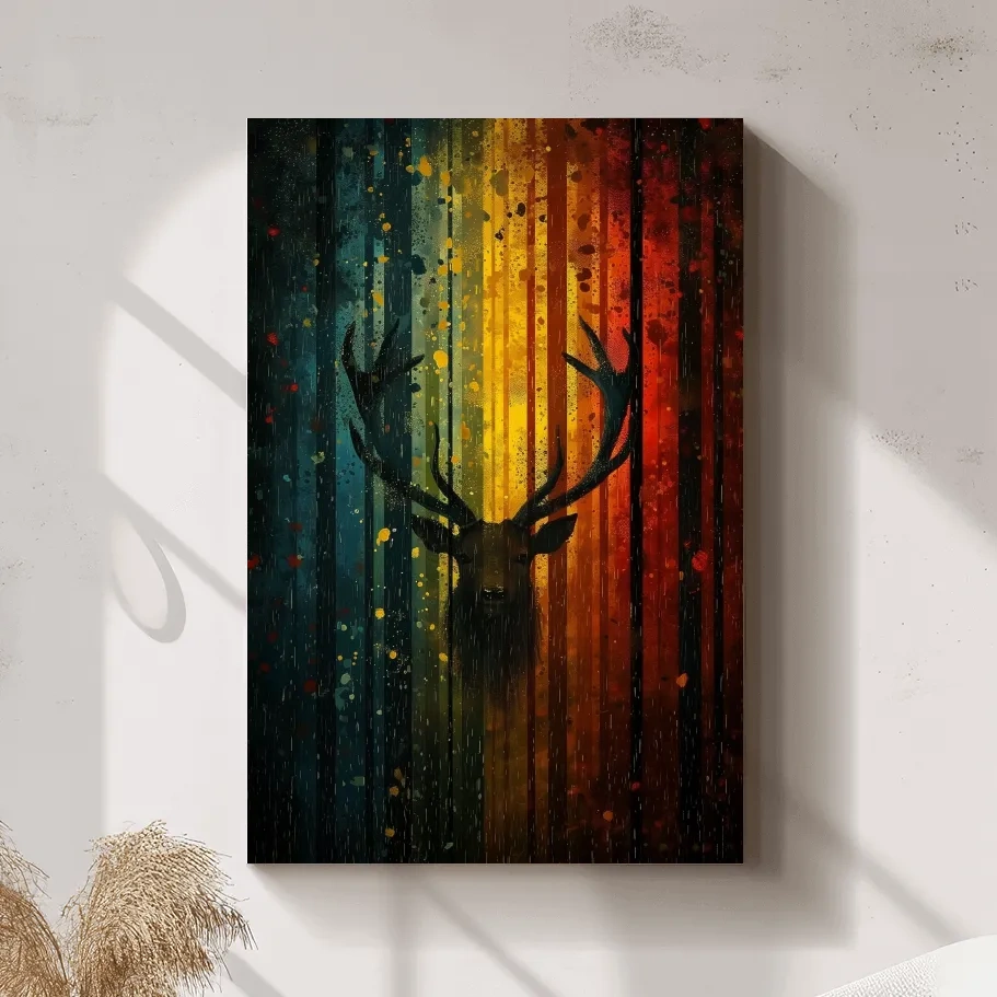 Abstract deer in a forest silhouette artwork, rainbow colours