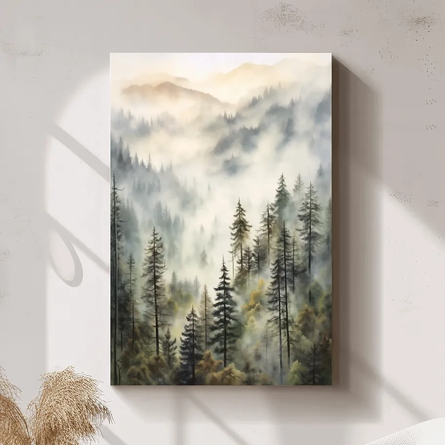 Painting of fog rolling through mountains and trees