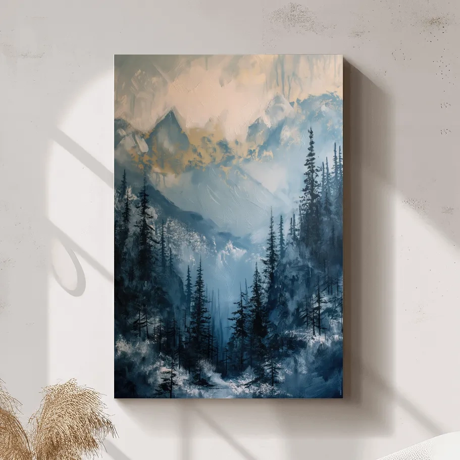 Moody Misty Blue Mountain Forest Painting - Textured Alpine Landscape Wall Art