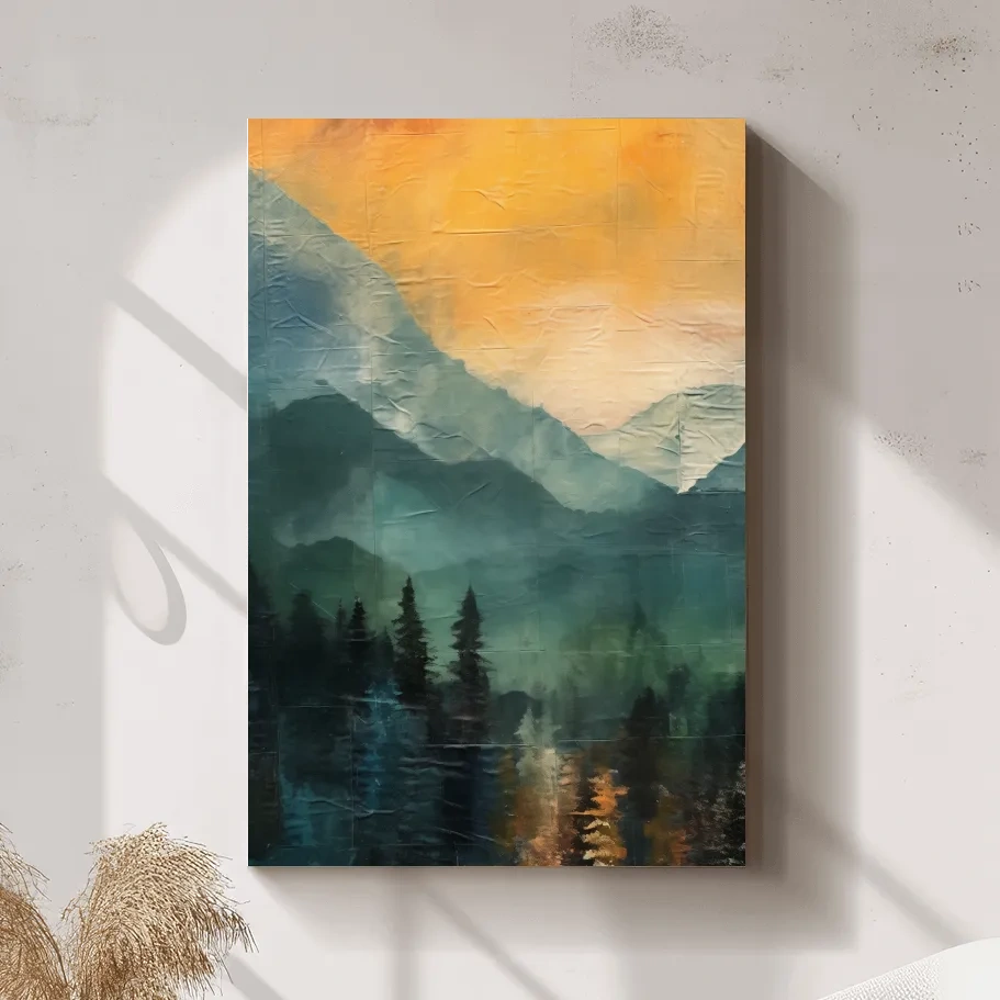 Rustic textured style art, mountains at sunset