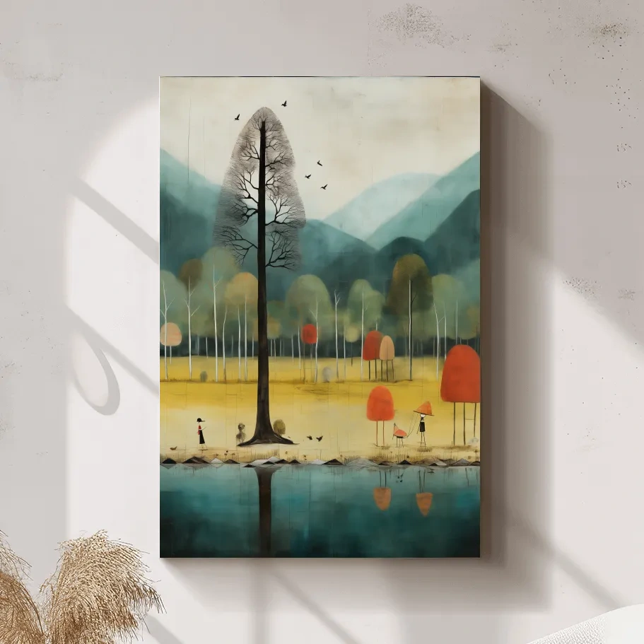 Whimsical Autumn Forest Lake Landscape - Quirky Nature Wall Art