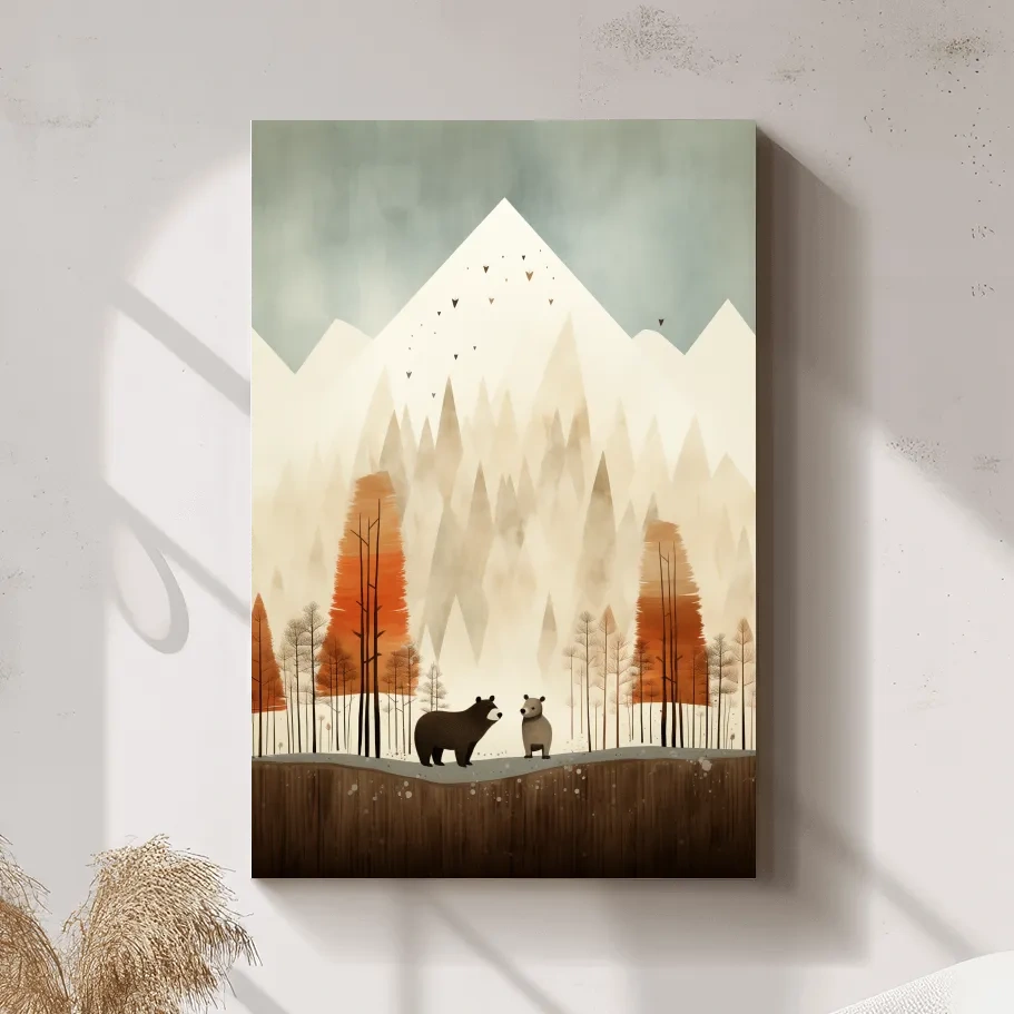 Bears in the forest in autumn, quirky childrens art illustration