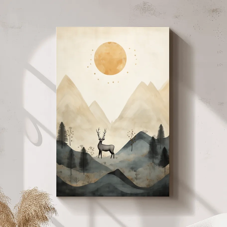 Deer standing in the forest under the night sky, quirky illustration art
