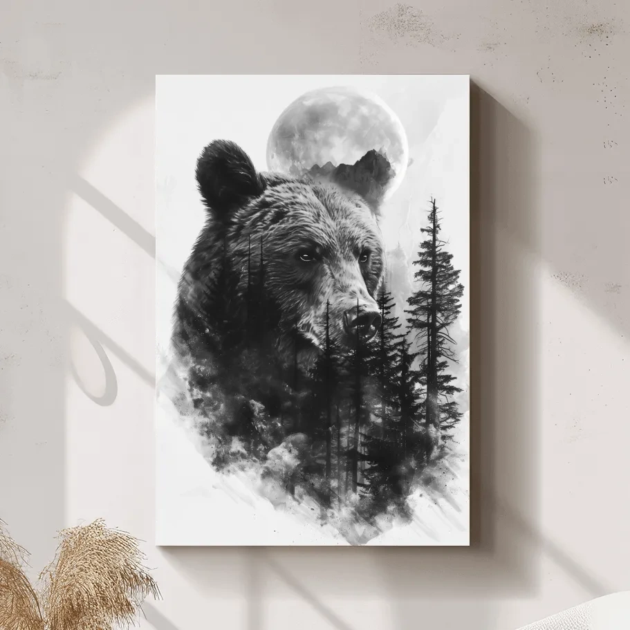 Drawing artwork of a bear, forest and moon, double exposure charcoal drawing style