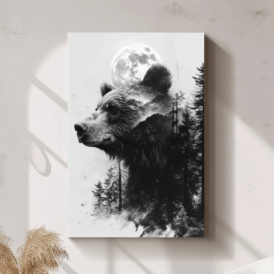 Double exposure style drawing artwork of a bear, forest, glacier and moon