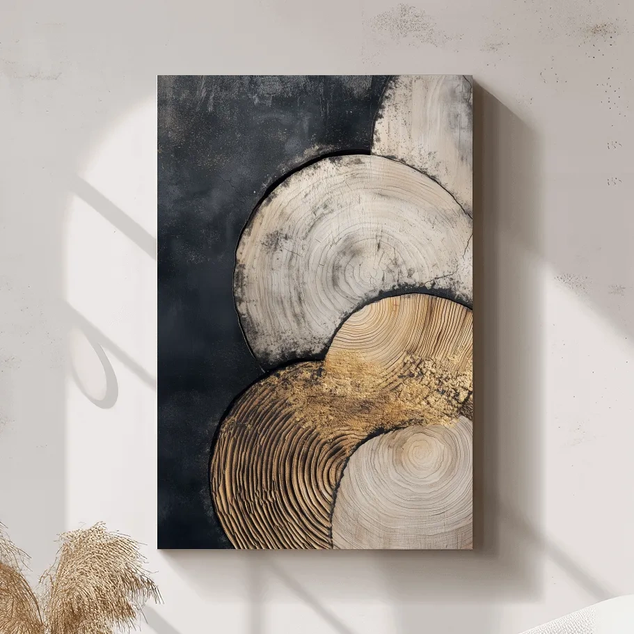 Boho tree ring pattern wall art, textured wood cross-section artwork