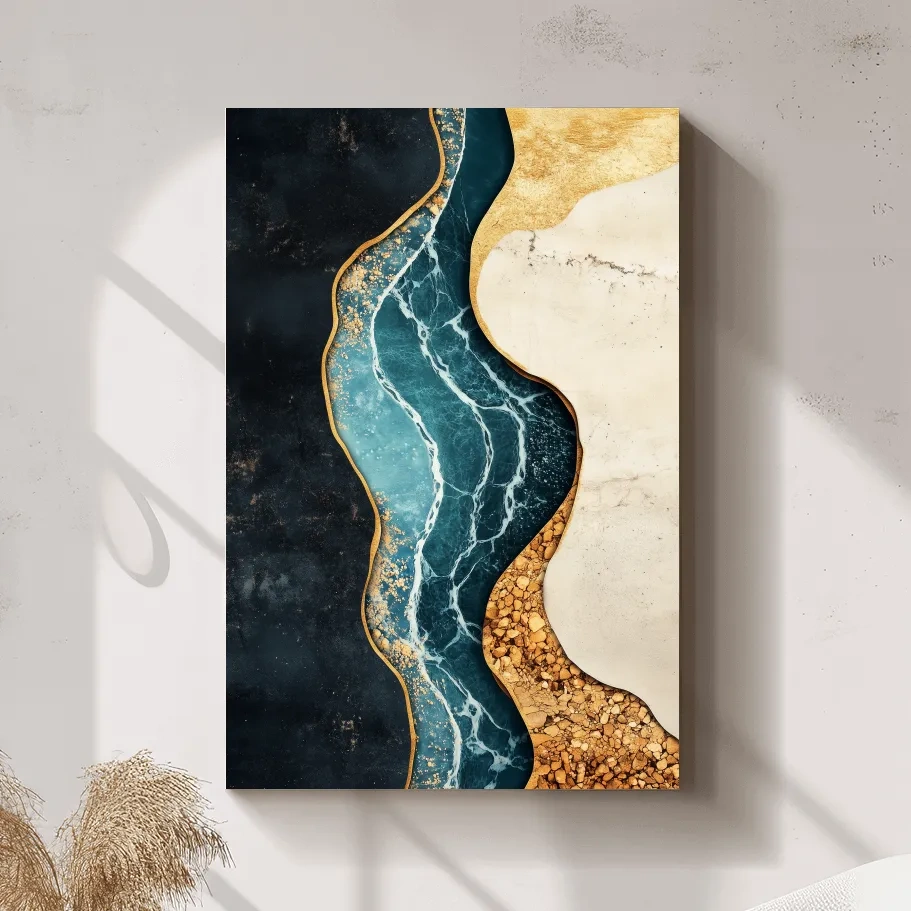 Fluid elegant artwork, blue marble river flowing through textured earth tones