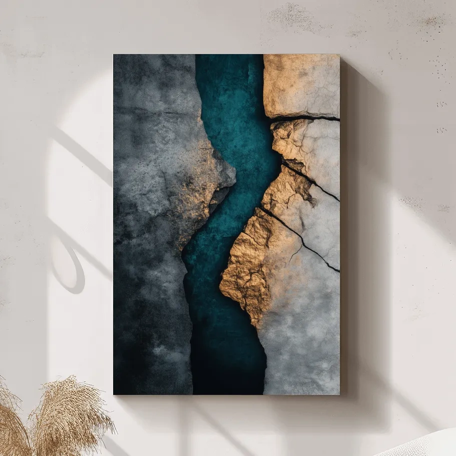 Teal River Canyon With Cracked Stone Texture - Modern Abstract Geode Wall Art
