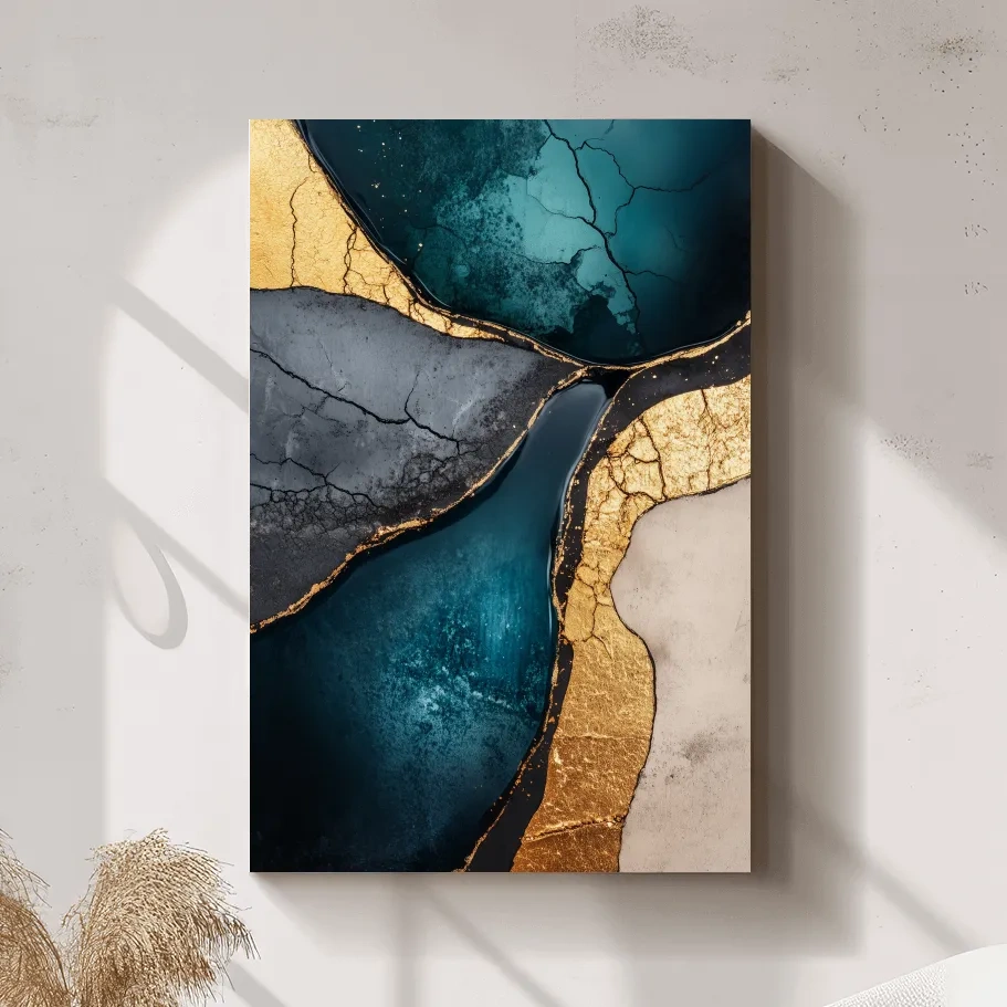 Teal Gold Geode Resin Abstract - Elegant Metallic Marble Wall Art