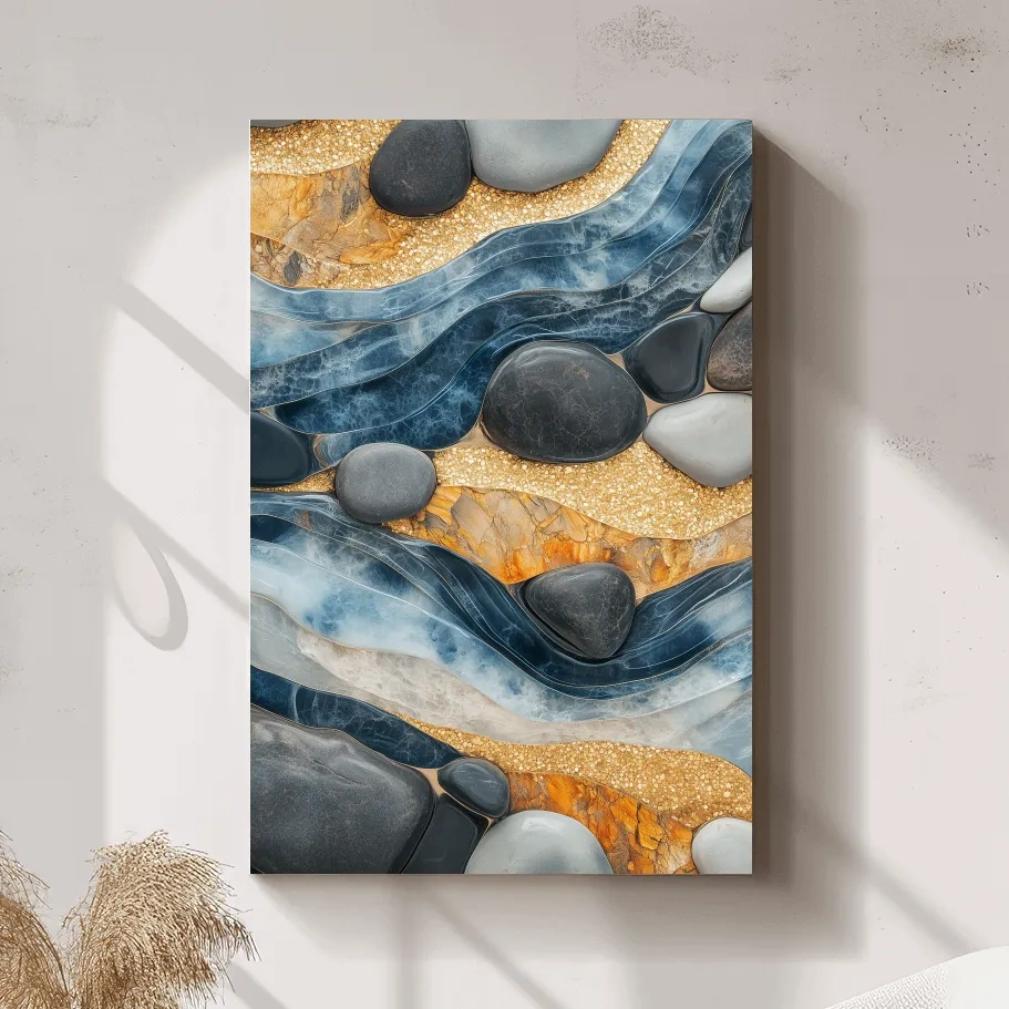 Abstract Blue River Stone Mosaic - Modern Pebble Texture Wall Art