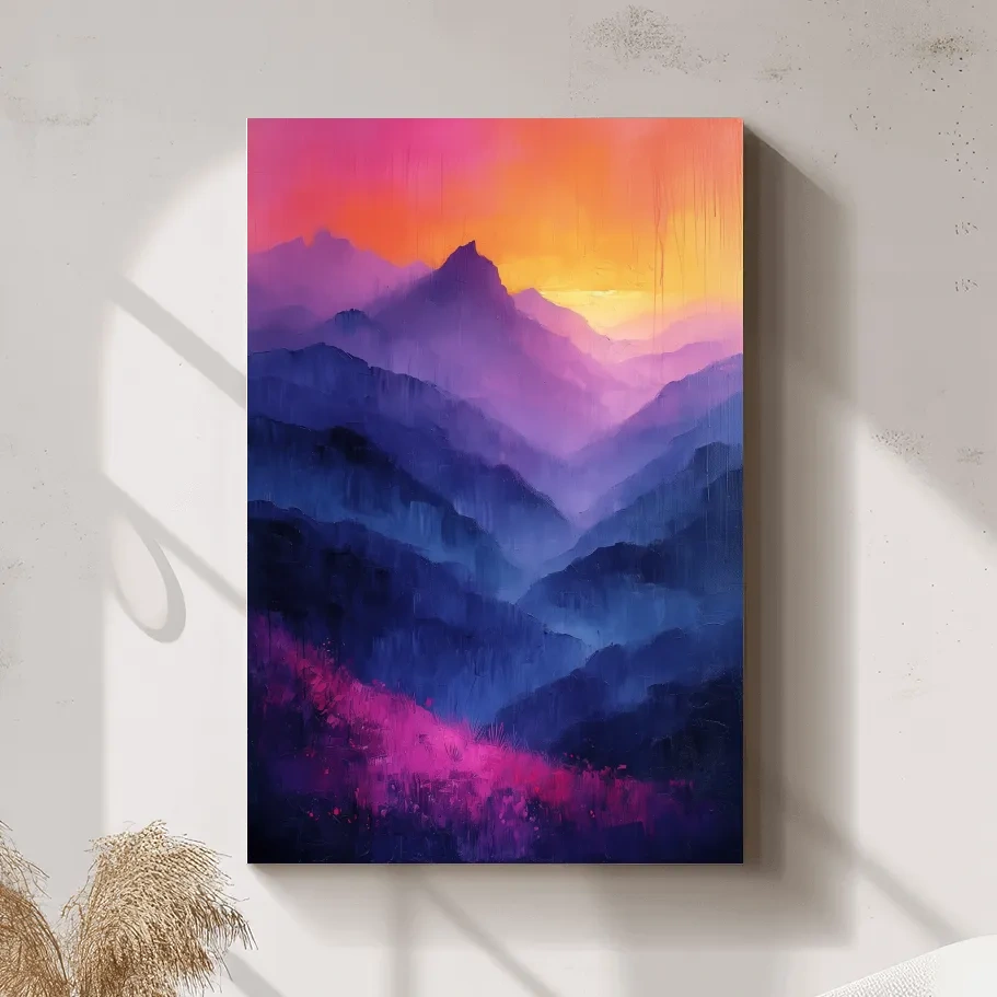 Colorful mountain sunset artwork, vibrant oil painting effect