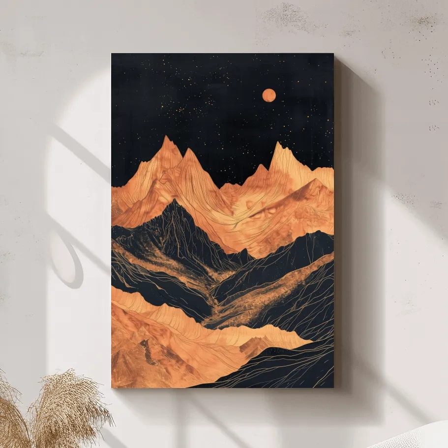 Moonlit elegant mountain artwork, metallic block print effect