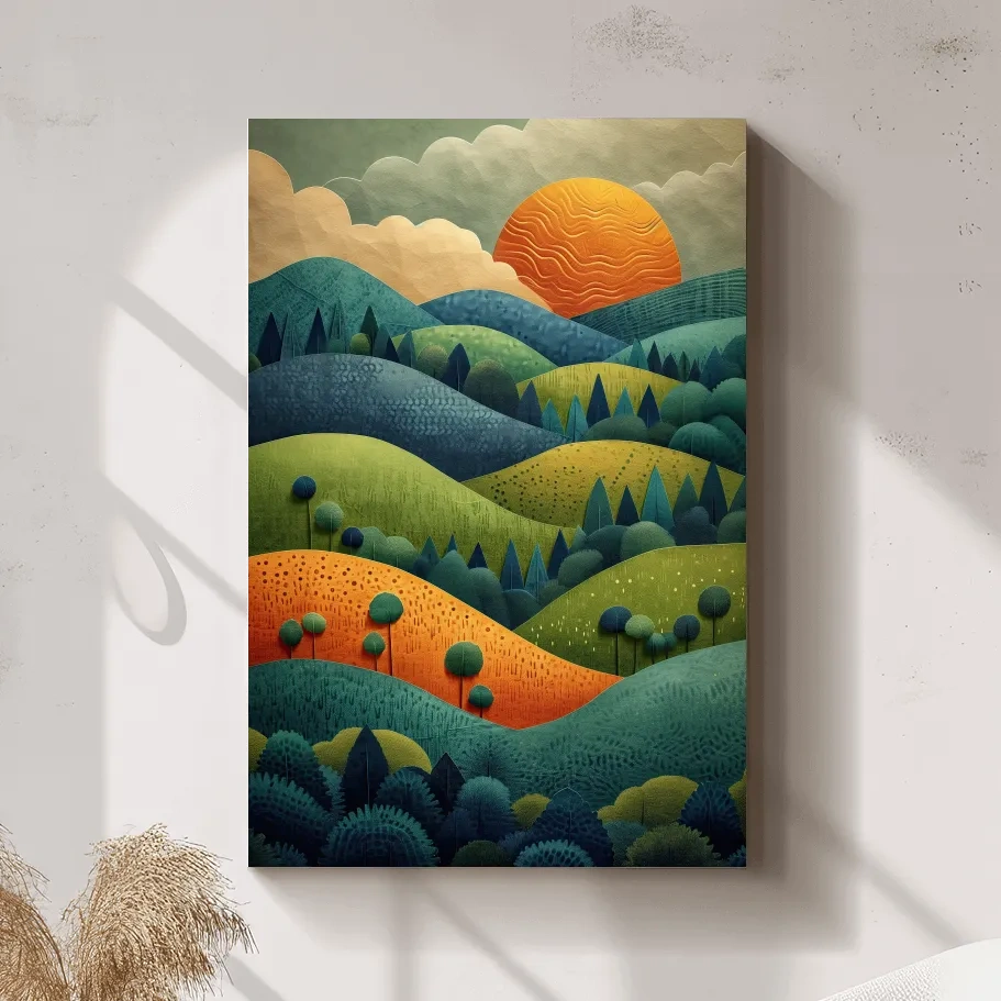 Rolling hills and trees at sunset mountain artwork, 3d layered paper cutout effect