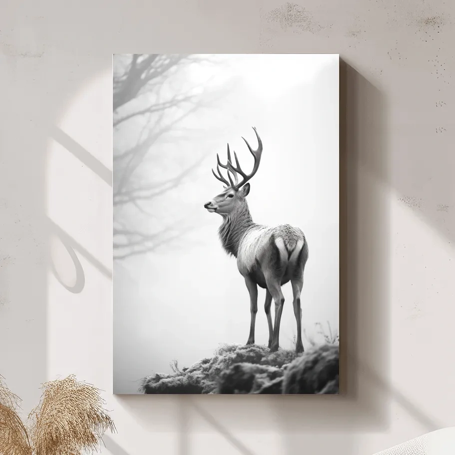 Black and white photograph of a majestic deer on a winter morning, serene wildlife artwork