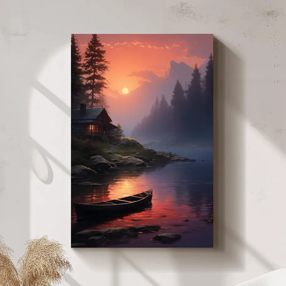 Beautiful painting of a cabin on a misty lake at sunset