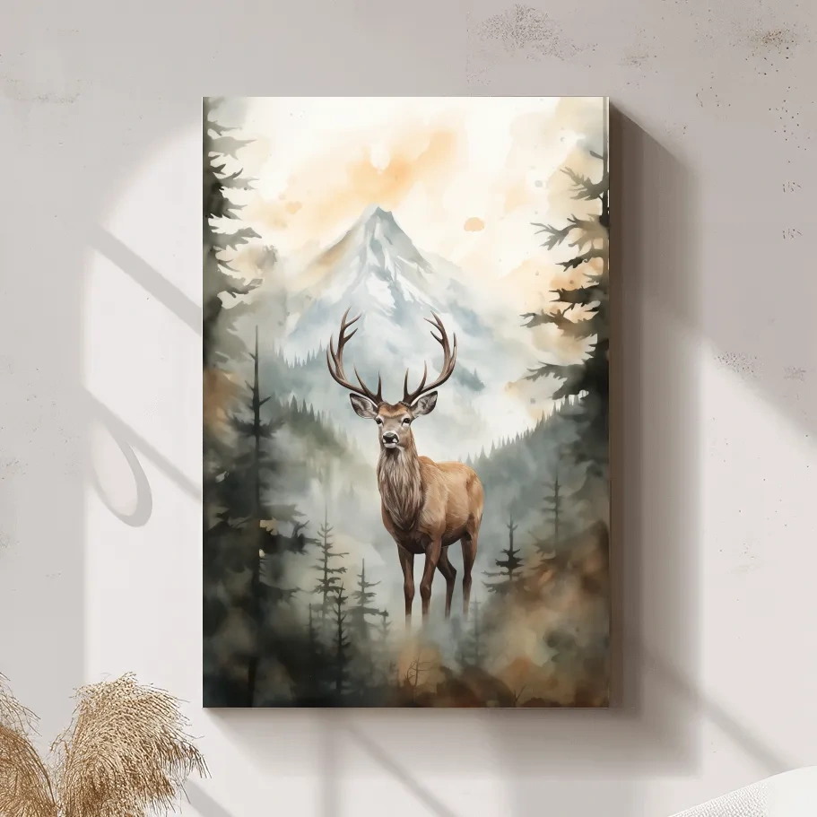 Watercolour painting of a deer standing in a misty forest