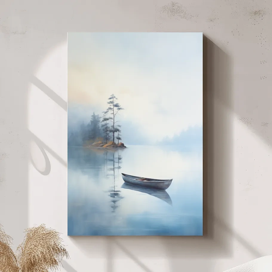 Watercolor painting, canoe on a misty lake, serene wall artwork