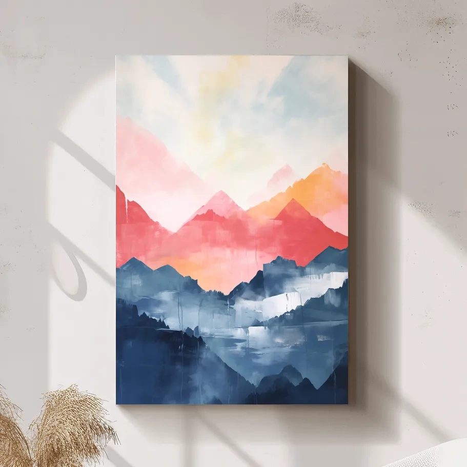 Colorful abstract mountain wall art, vibrant watercolor style painting