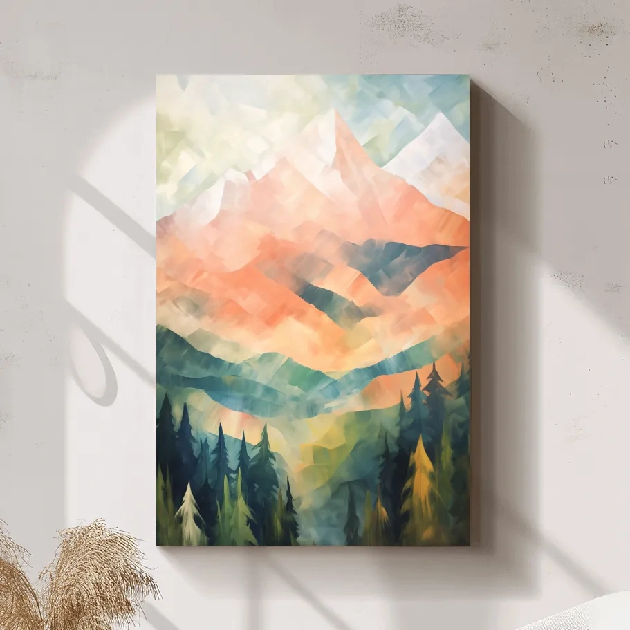 Colourful impressionism painting of alpine mountains, vibrant layered brush strokes
