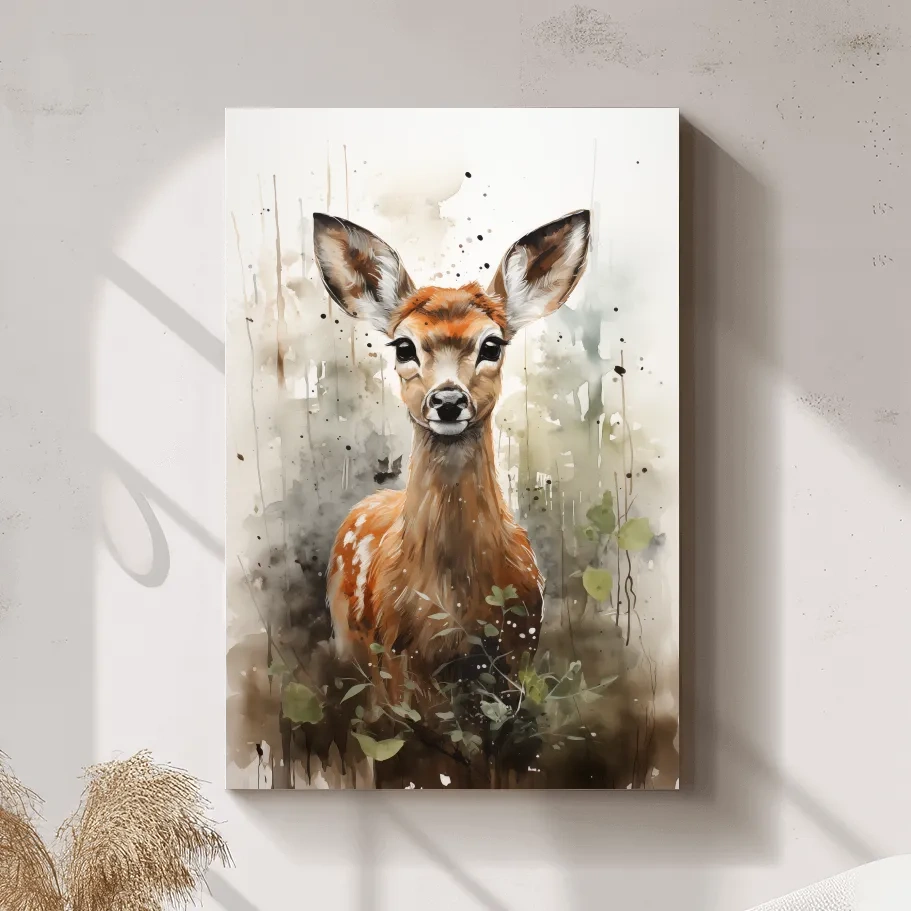Watercolor fawn wall art, delicate forest setting artwork