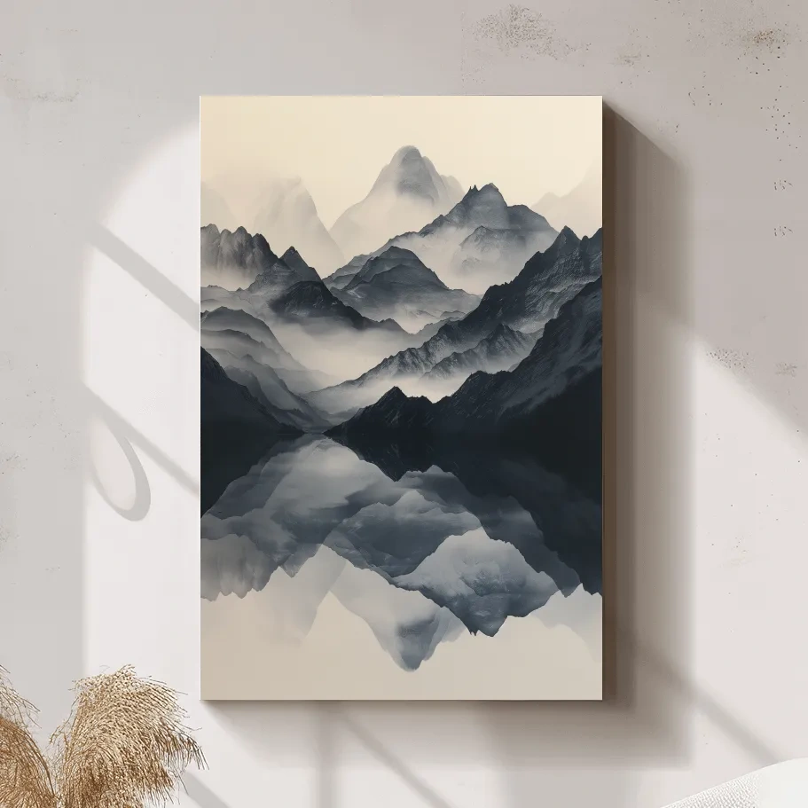 Japandi style mountain artwork, reflective mountain ranges