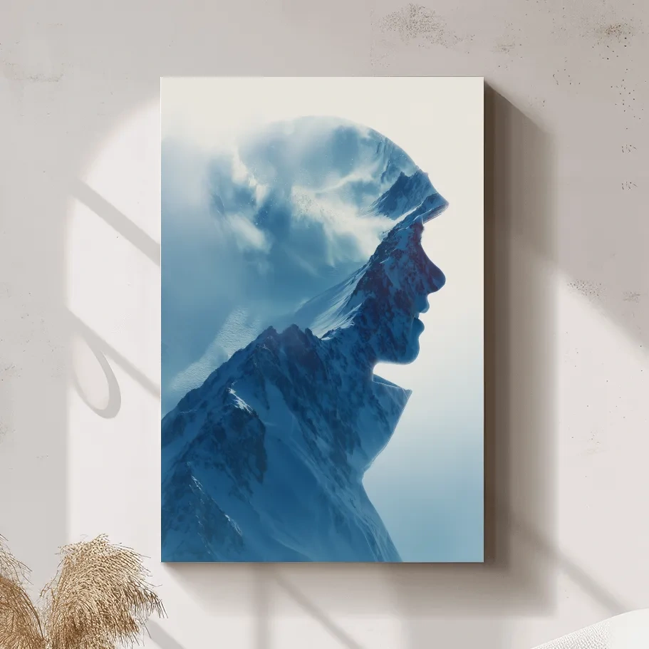 Double Exposure Mountain & Skier Portrait - Modern Snowy Alpine Wall Art