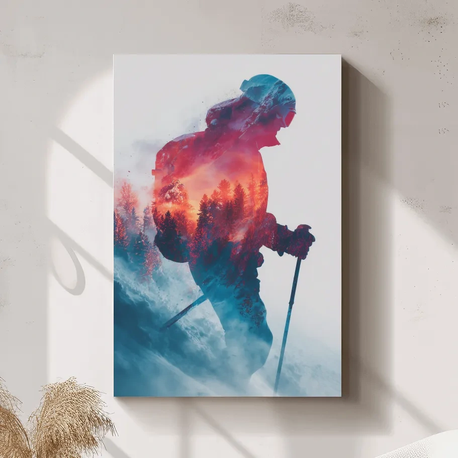 Double Exposure Skiier Silhouette Forest Sunset - Adventure Mountain Landscape Artwork