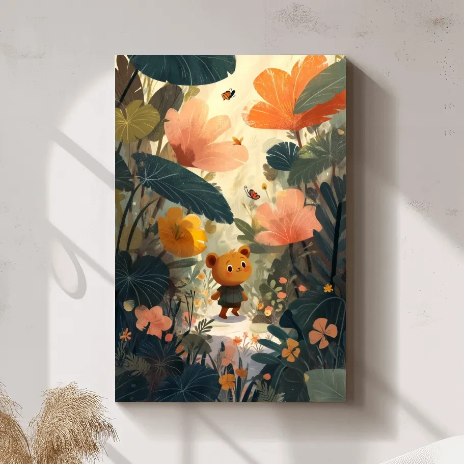 Whimsical Teddy Bear In Enchanted Garden - Cute Childrens Nursery Wall Art