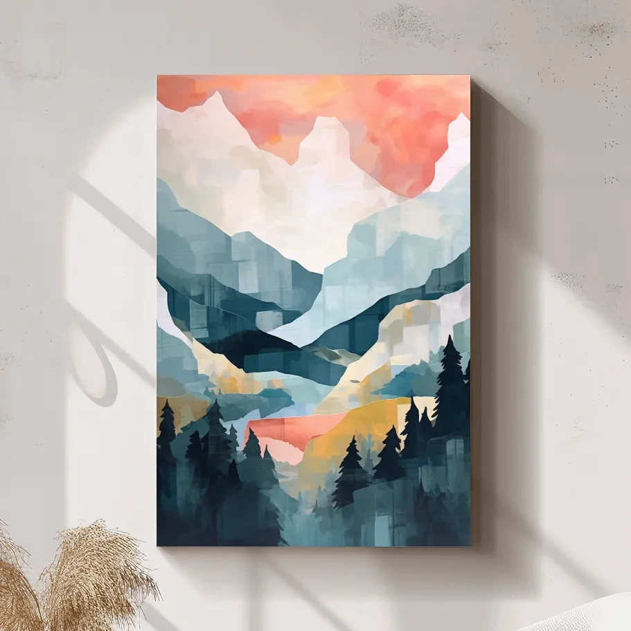 Abstract painting of alpine mountains and trees