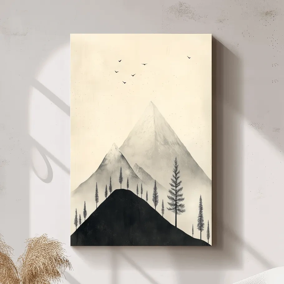 Minimalist Misty Mountain Peaks With Pine Trees - Monochrome Scandinavian Landscape Artwork
