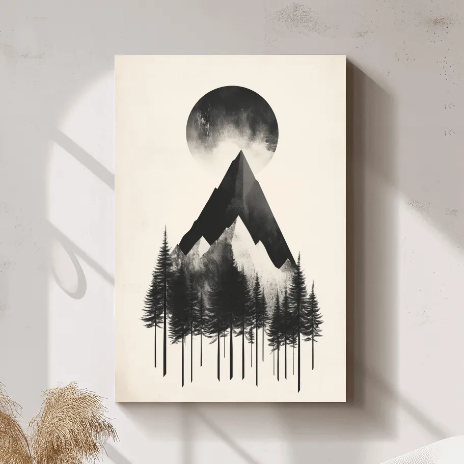 Mystical mountain and forest artwork, monochrome abstract wall art with large moon
