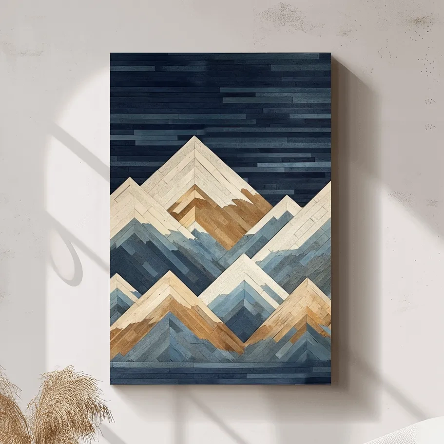 Geometric Layered Mountain Peaks - Wood Texture Landscape Wall Art