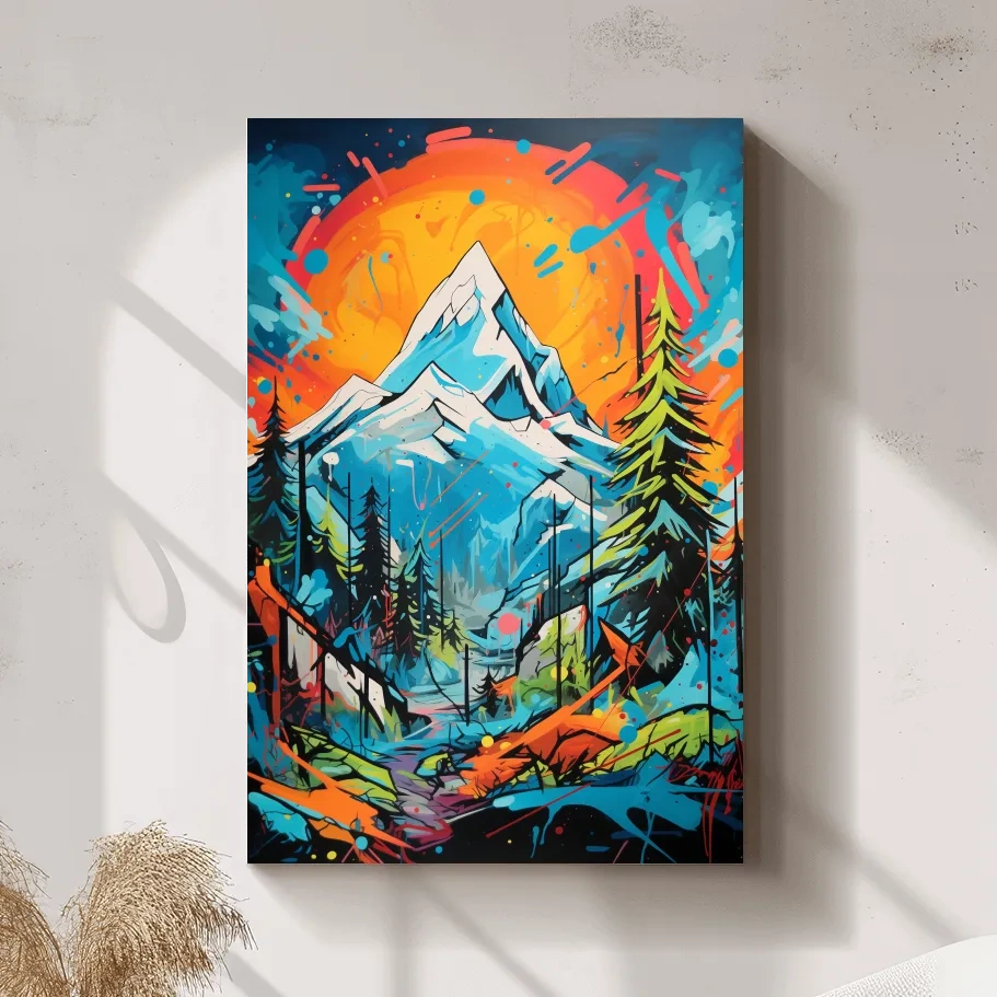 Vibrant Abstract Mountain Sunset Graffitti Painting - Colorful Pop Art Alpine Wall Art