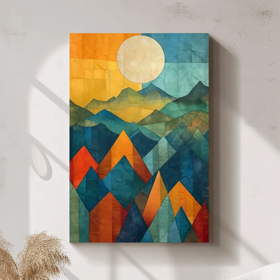 Geometric Patchwork Sunlit Mountain Range Painting - Colorful Abstract Alpine Wall Art