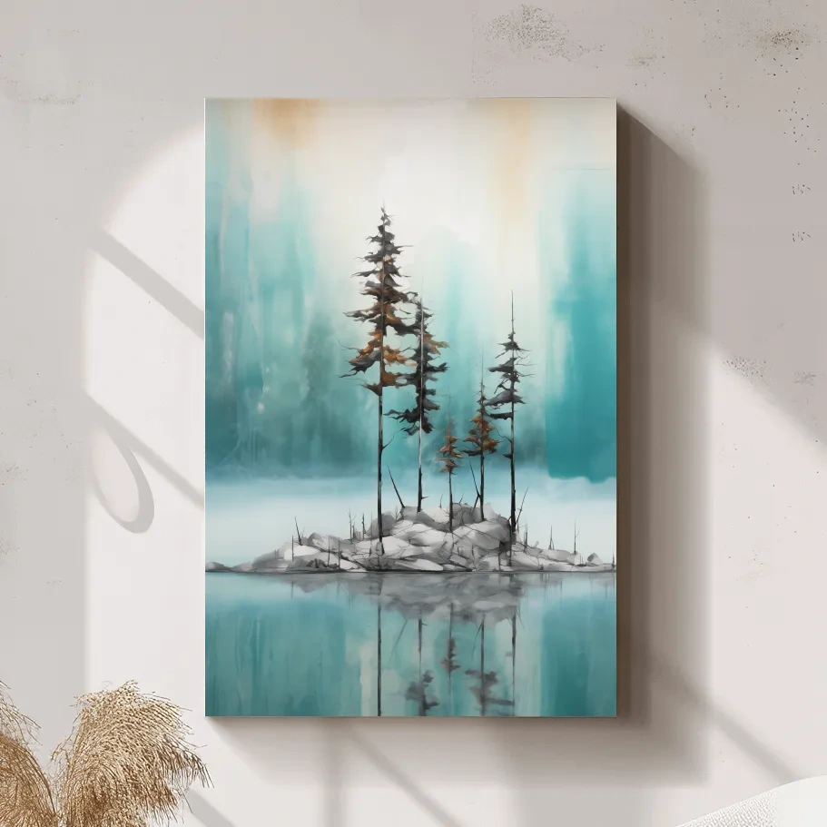 Misty Pine Trees Reflection - Watercolor Turquoise Alpine Lake Wall Art
