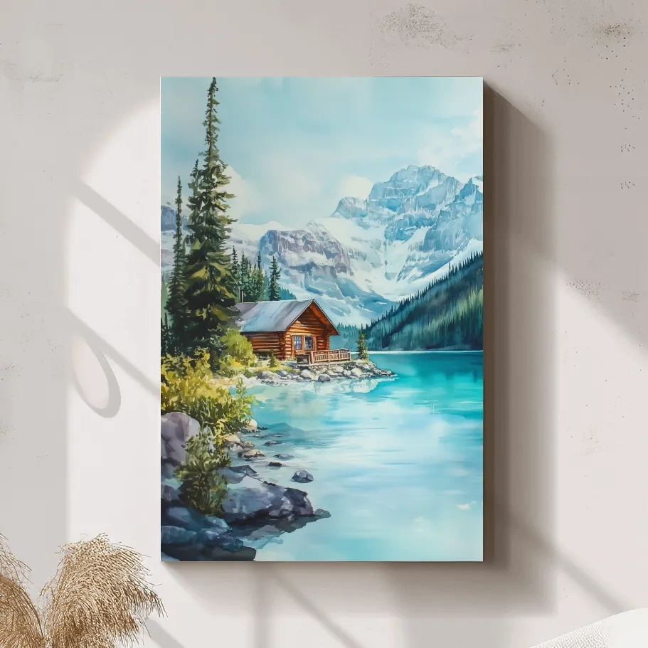 Turquoise Alpine Lake Cabin Watercolor - Serene Snowy Mountain Wall Art