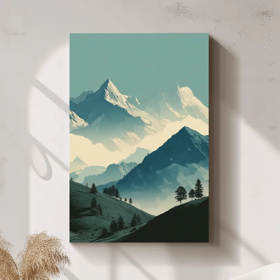 Misty Alpine Mountain Peaks Illustration - Serene Landscape Wall Art