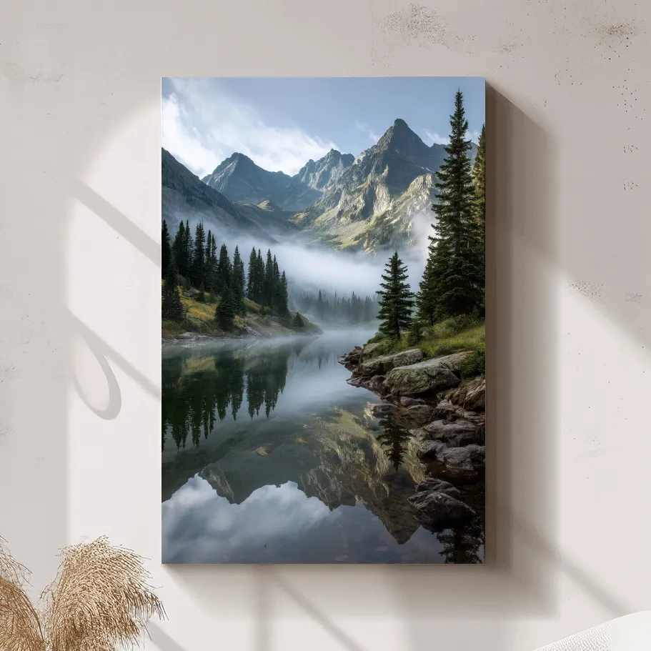 Misty Alpine Lake Photography - Serene Mountain Forest Wall Art
