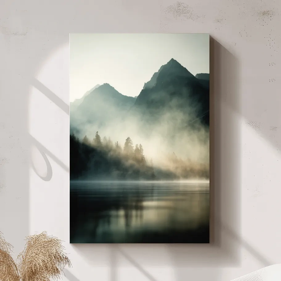 Moody Misty Mountain Lake Landscape - Serene Foggy Pine Forest Wall Art