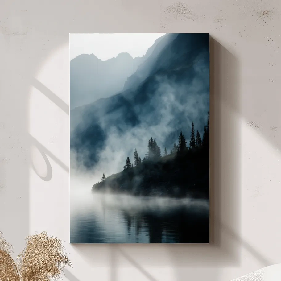 Misty Alpine Lake Landscape Photography - Foggy Pine Forest Nature Wall Art